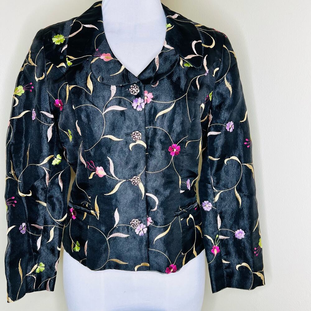 Bergamo by EBI Jacket 6 Womens Black Floral Embroidered Rhinestone Taffeta Chic